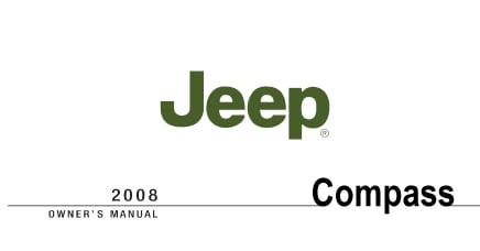 The Jeep Compass 2008 owner's manual cover displays the Jeep logo and vehicle name in green text.