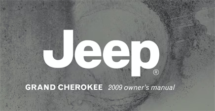 The Jeep brand logo appears over a 2009 Grand Cherokee owner's manual cover.